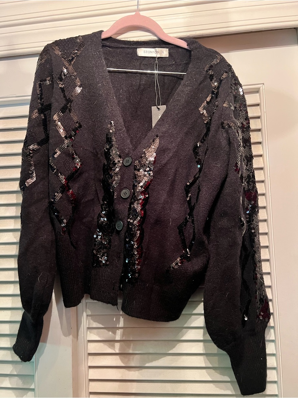 Stanton Black Sequin V-Neck Button Cardigan NWT